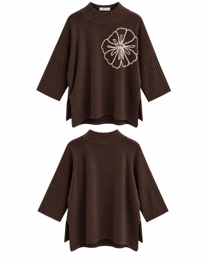 Oversize Sweather with Flower Embroidery - Brown